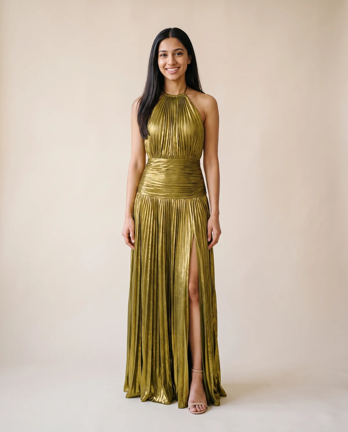 Metallic Pleated Halter Maxi Dress in Olive Gold, front view, worn by Priya