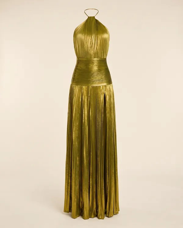 Metallic Pleated Halter Maxi Dress in Olive Gold, product shot on a plain background