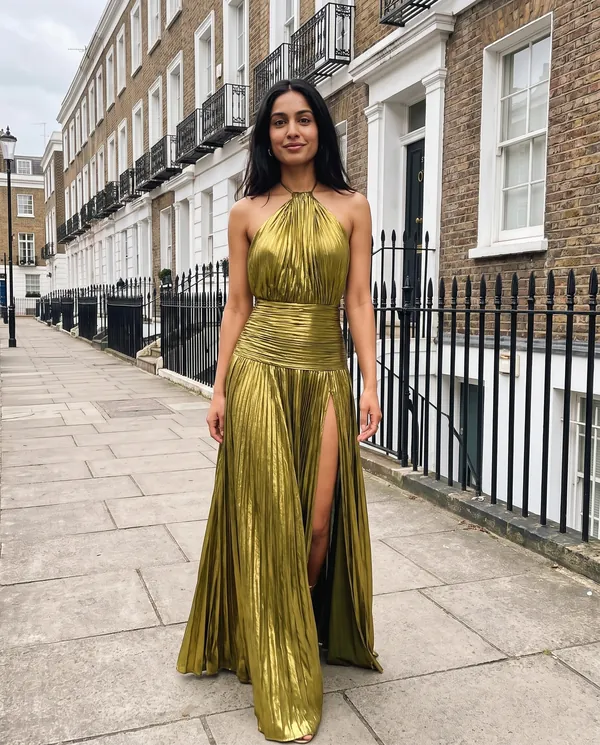 Satin Eve styling: Metallic Pleated Halter Maxi Dress
