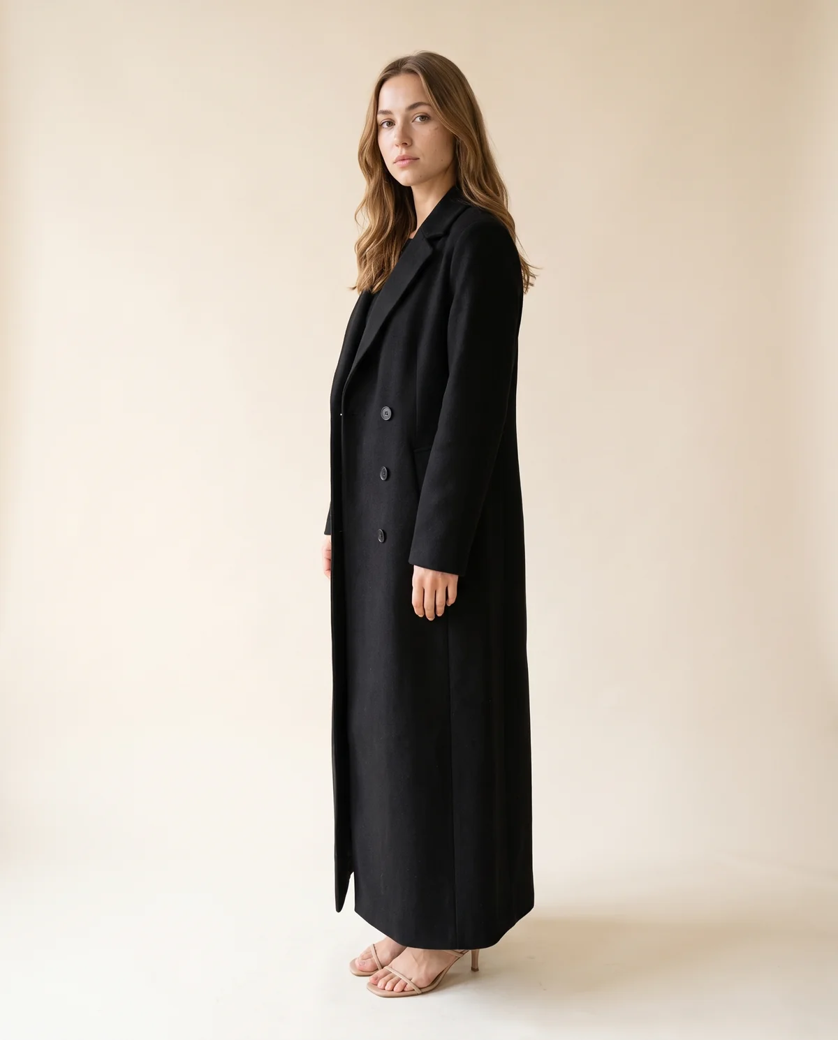 Long Double-Breasted Wool-Look Coat in Black, side view, worn by Ava