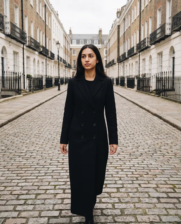 Satin Eve styling: Long Double-Breasted Wool-Look Coat