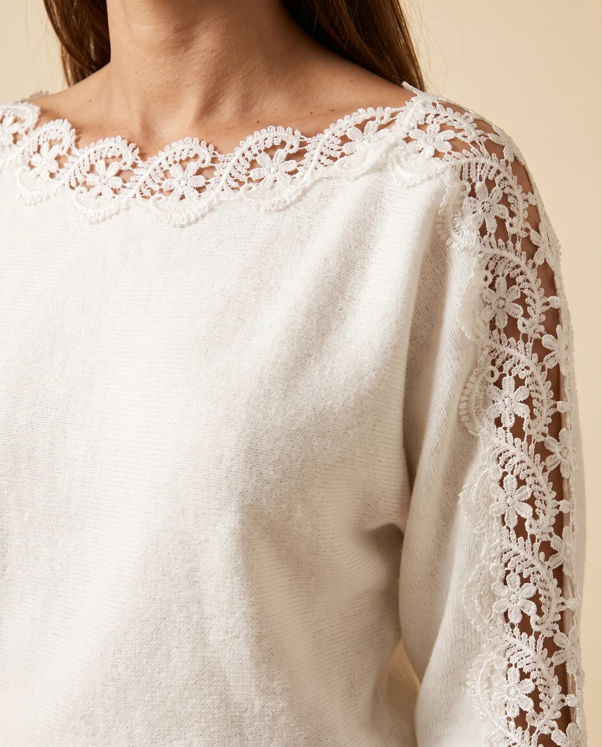 Lace Sleeve Boat Neck Knit Jumper in White, close-up of the detail