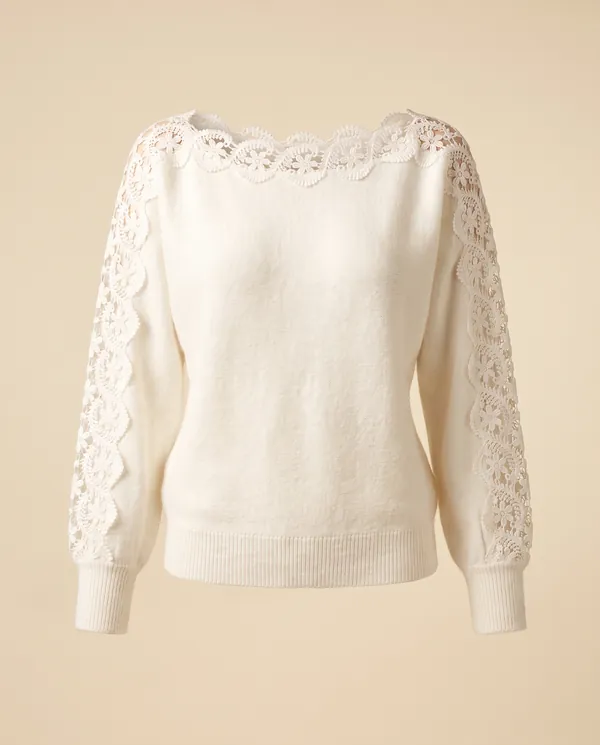 Lace Sleeve Boat Neck Knit Jumper in White, product shot on a plain background