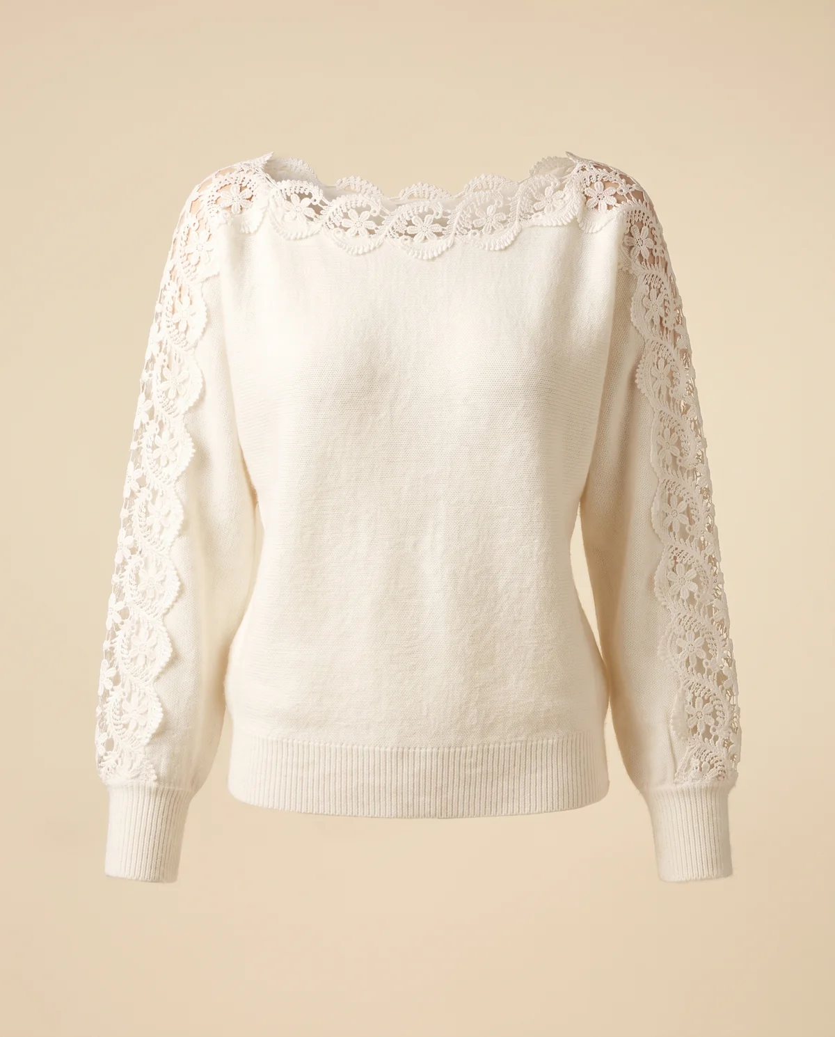 Lace Sleeve Boat Neck Knit Jumper in White, product shot on a plain background