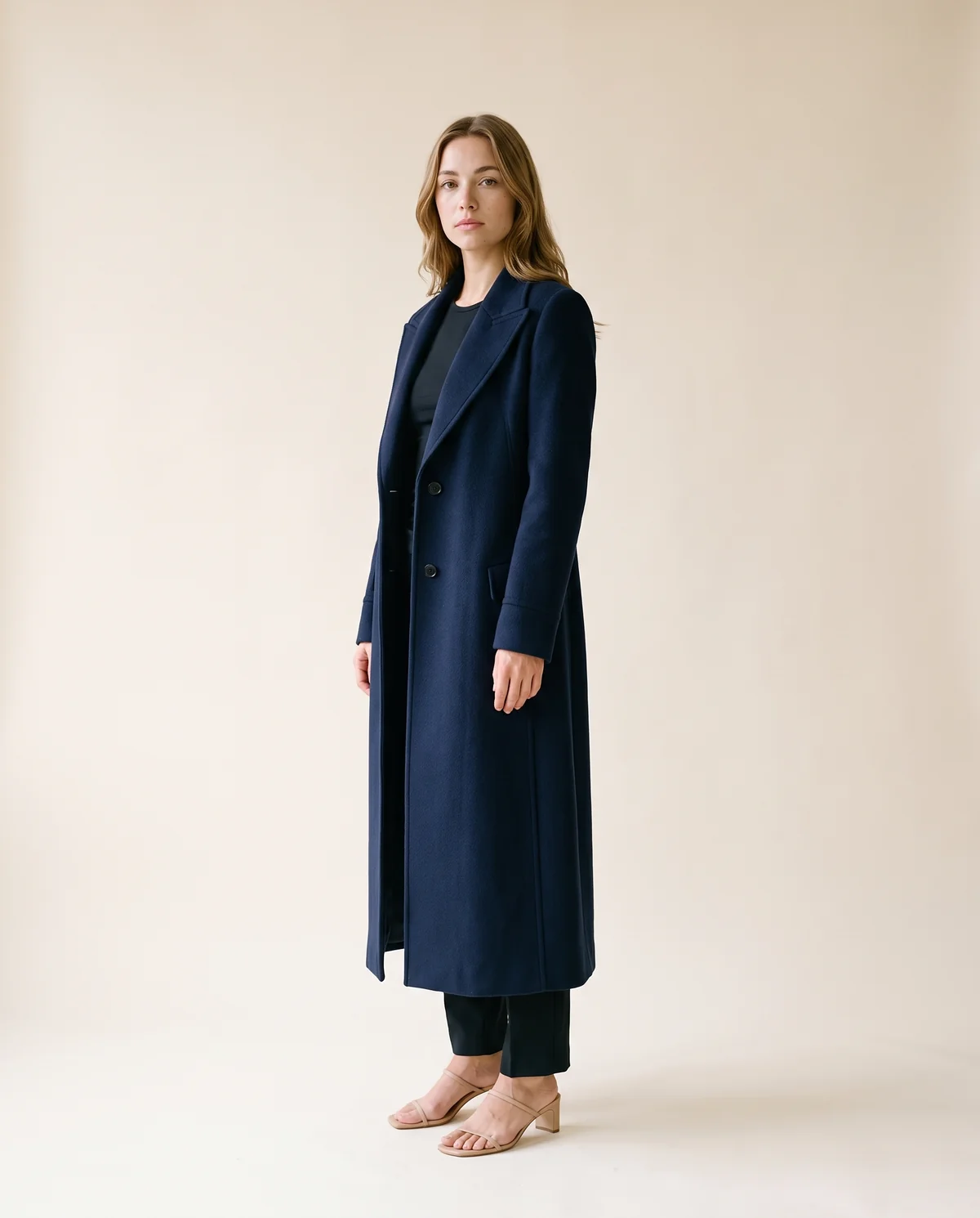 Navy Straight-Line Long Wool-Look Coat in Navy, side view, worn by Ava