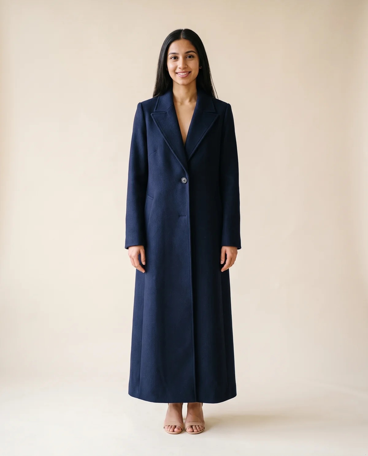Navy Straight-Line Long Wool-Look Coat in Navy, front view, worn by Priya