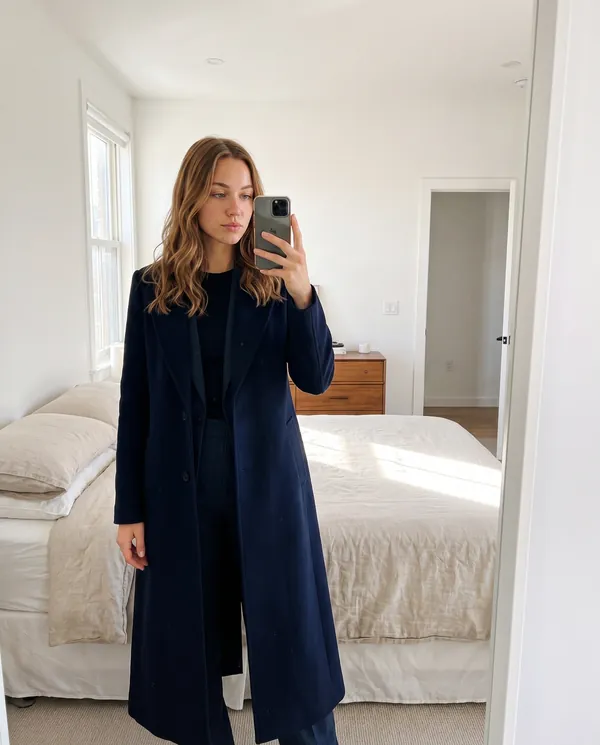 Satin Eve styling: Navy Straight-Line Long Wool-Look Coat