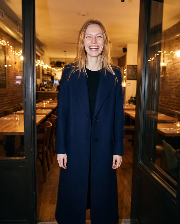 Satin Eve styling: Navy Straight-Line Long Wool-Look Coat