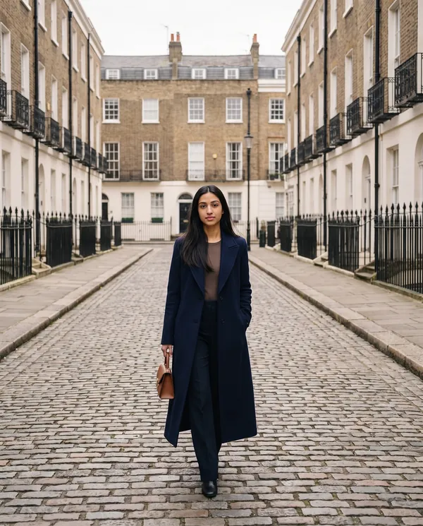 Satin Eve styling: Navy Straight-Line Long Wool-Look Coat