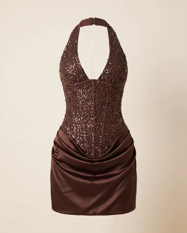 Sequin Corset Halter Mini Dress in Brown, product shot on a plain background