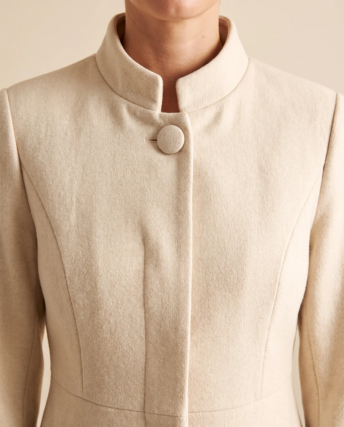 Wool-Look Funnel Neck Coat in Cream, close-up of the detail