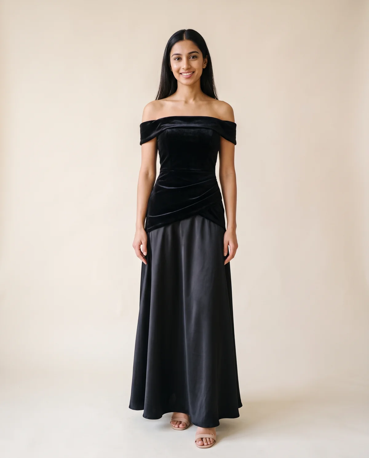 Off-Shoulder Velvet-Look Bodice Maxi Dress in Black, front view, worn by Priya