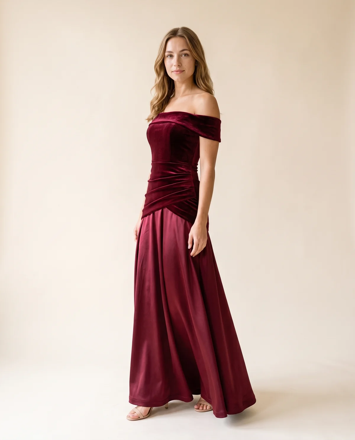 Off-Shoulder Velvet-Look Bodice Maxi Dress in Wine, side view, worn by Ava