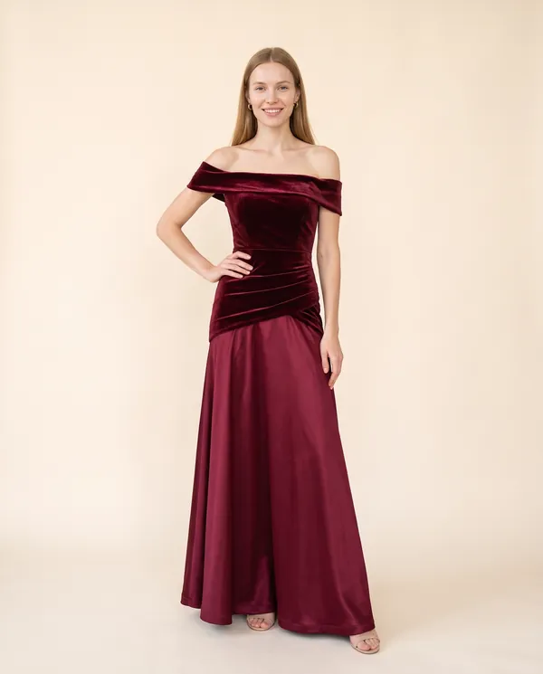 Off-Shoulder Velvet-Look Bodice Maxi Dress in Wine, front view, worn by Maya