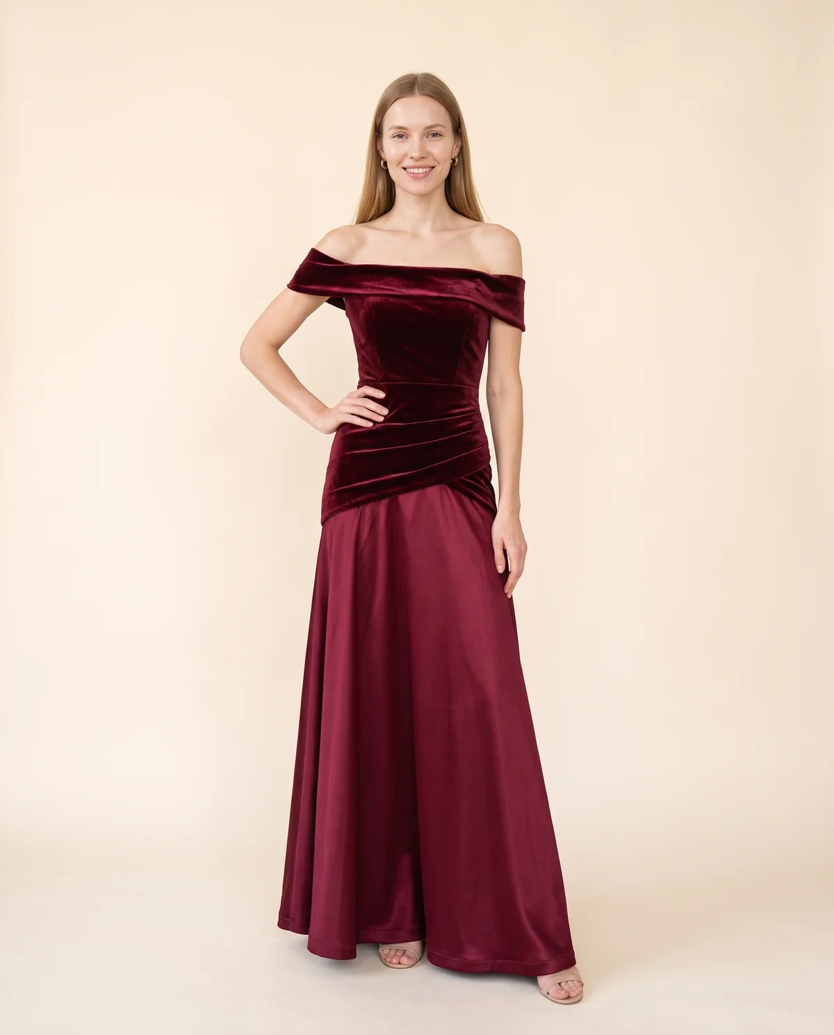 Off-Shoulder Velvet-Look Bodice Maxi Dress in Wine, front view, worn by Maya