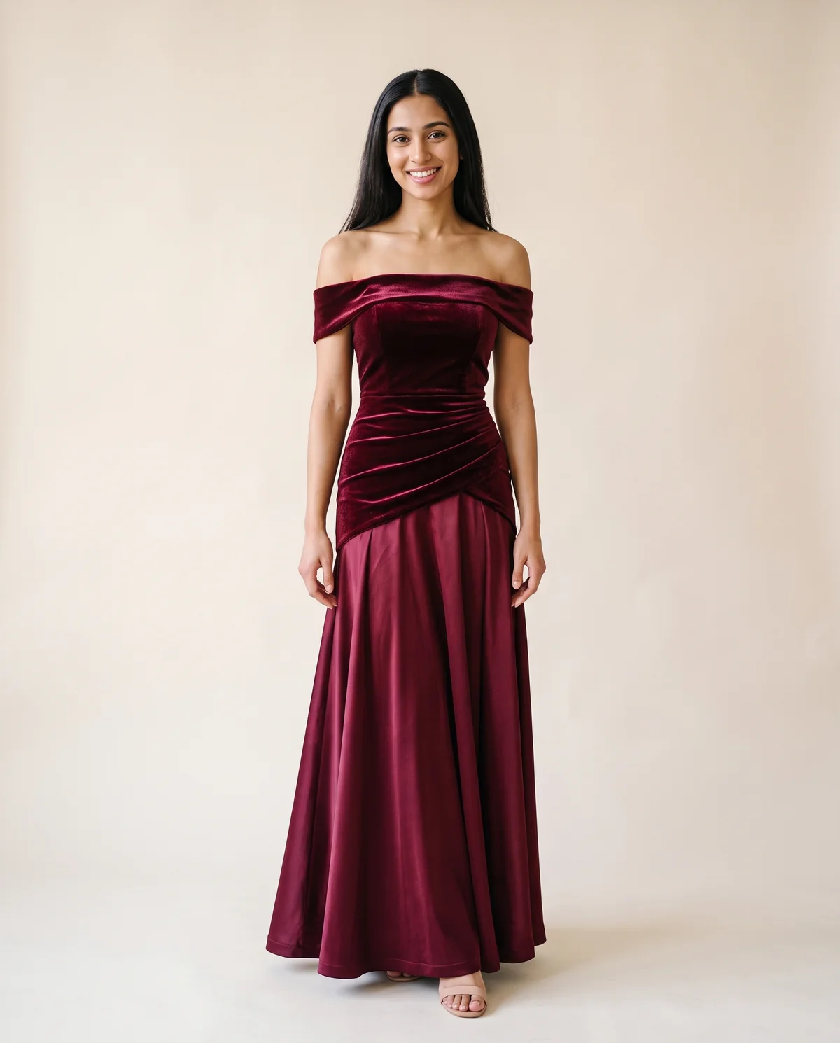 Off-Shoulder Velvet-Look Bodice Maxi Dress in Wine, front view, worn by Priya