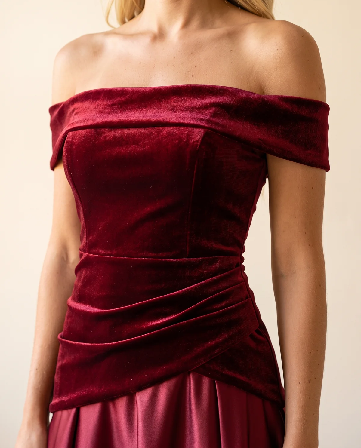 Off-Shoulder Velvet-Look Bodice Maxi Dress in Wine, close-up of the detail