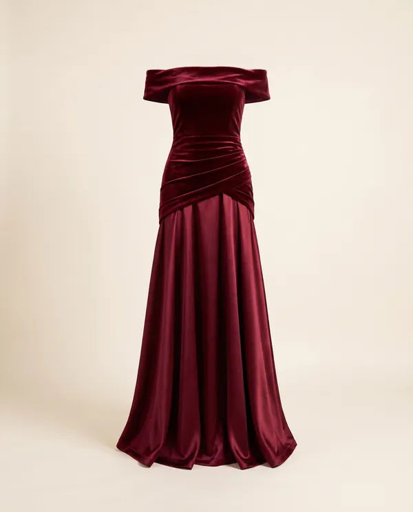 Off-Shoulder Velvet-Look Bodice Maxi Dress in Wine, product shot on a plain background