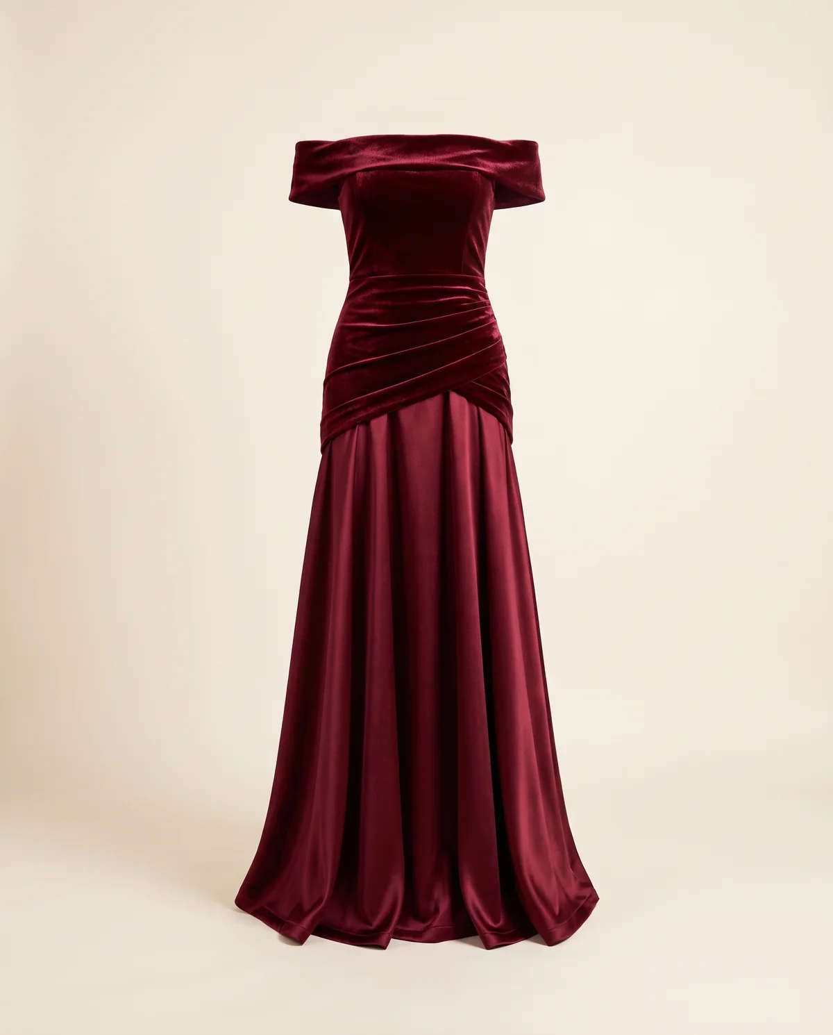 Off-Shoulder Velvet-Look Bodice Maxi Dress in Wine, product shot on a plain background