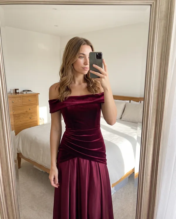 Satin Eve styling: Off-Shoulder Velvet-Look Bodice Maxi Dress