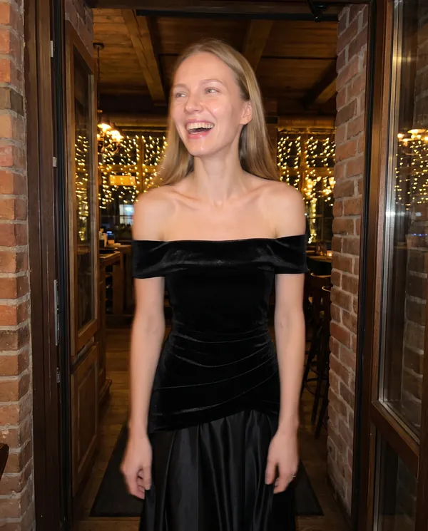 Satin Eve styling: Off-Shoulder Velvet-Look Bodice Maxi Dress