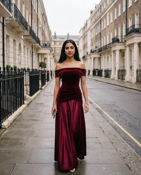 Satin Eve styling: Off-Shoulder Velvet-Look Bodice Maxi Dress