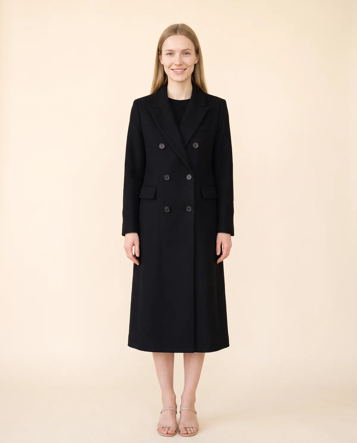 Tailored Double-Breasted Wool-Look Coat in Black, front view, worn by Maya