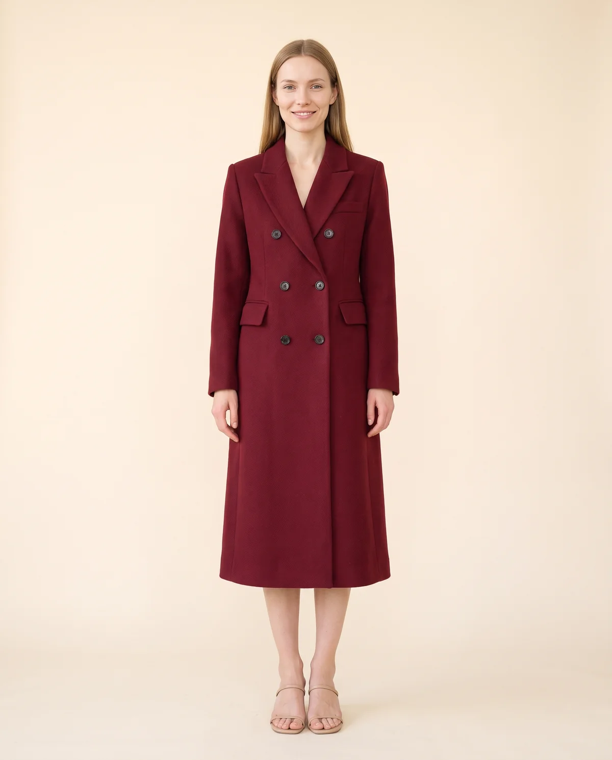 Tailored Double-Breasted Wool-Look Coat in Burgundy, front view, worn by Maya