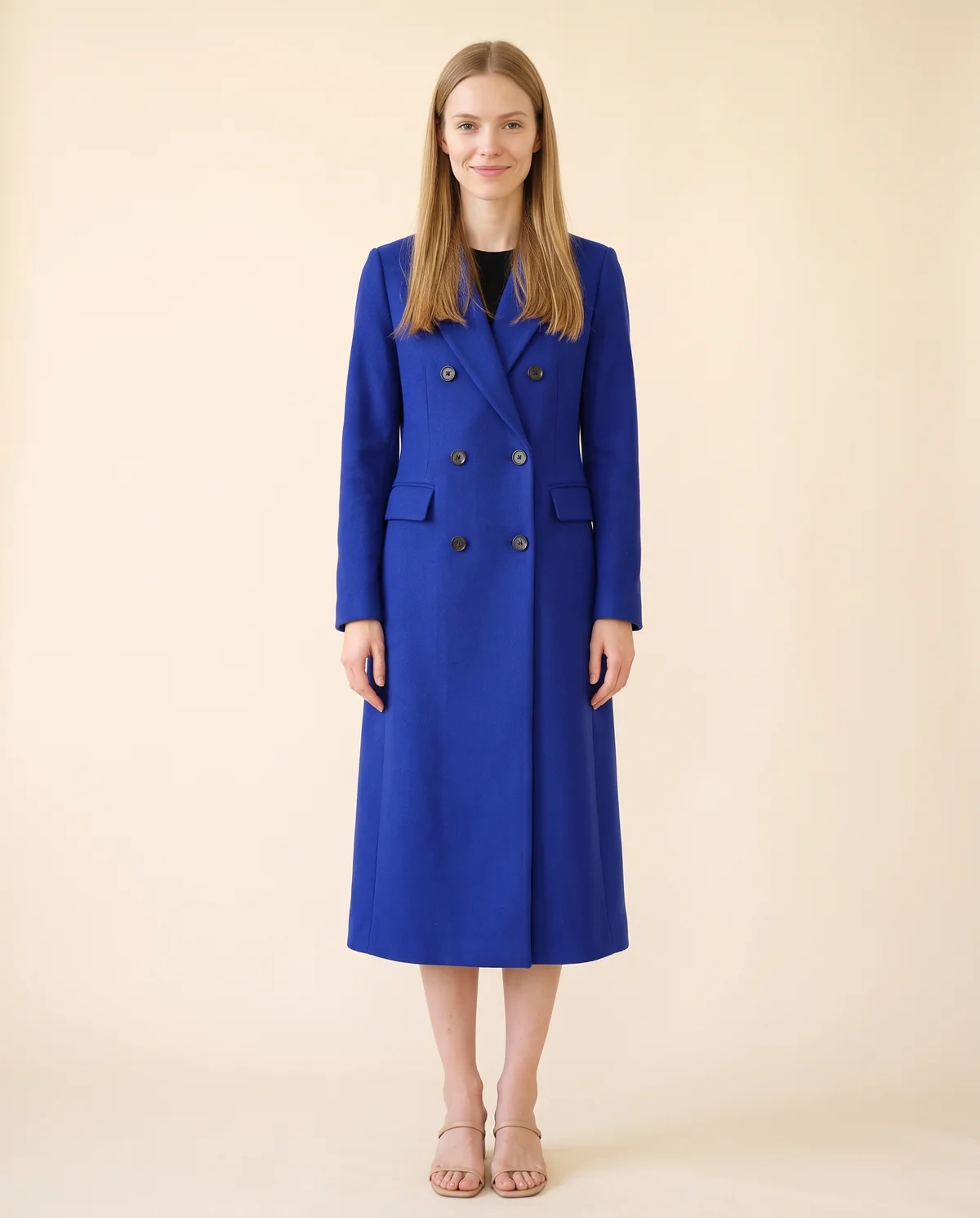 Tailored Double-Breasted Wool-Look Coat in Cobalt, front view, worn by Maya