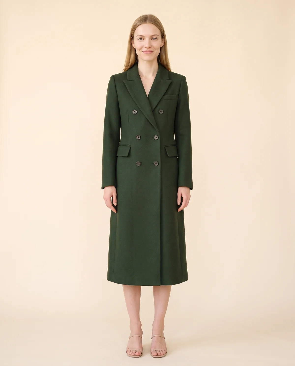 Tailored Double-Breasted Wool-Look Coat in Forest, front view, worn by Maya