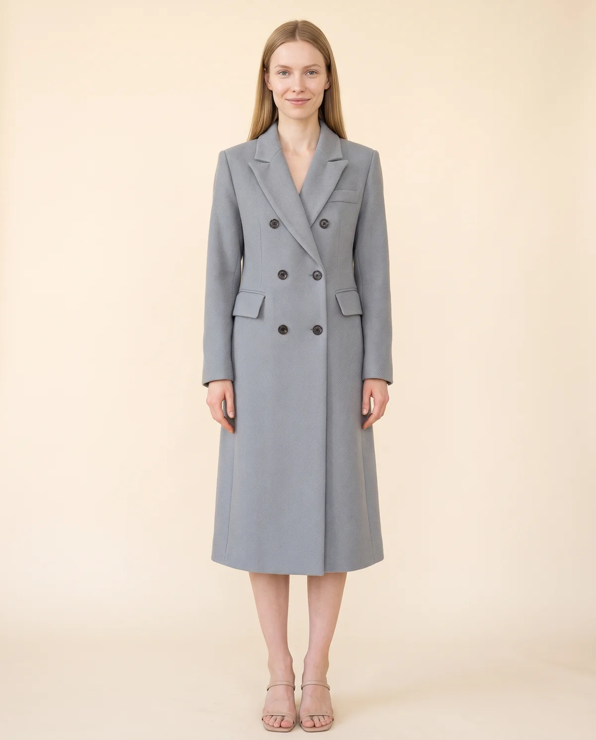 Tailored Double-Breasted Wool-Look Coat in Grey, front view, worn by Maya