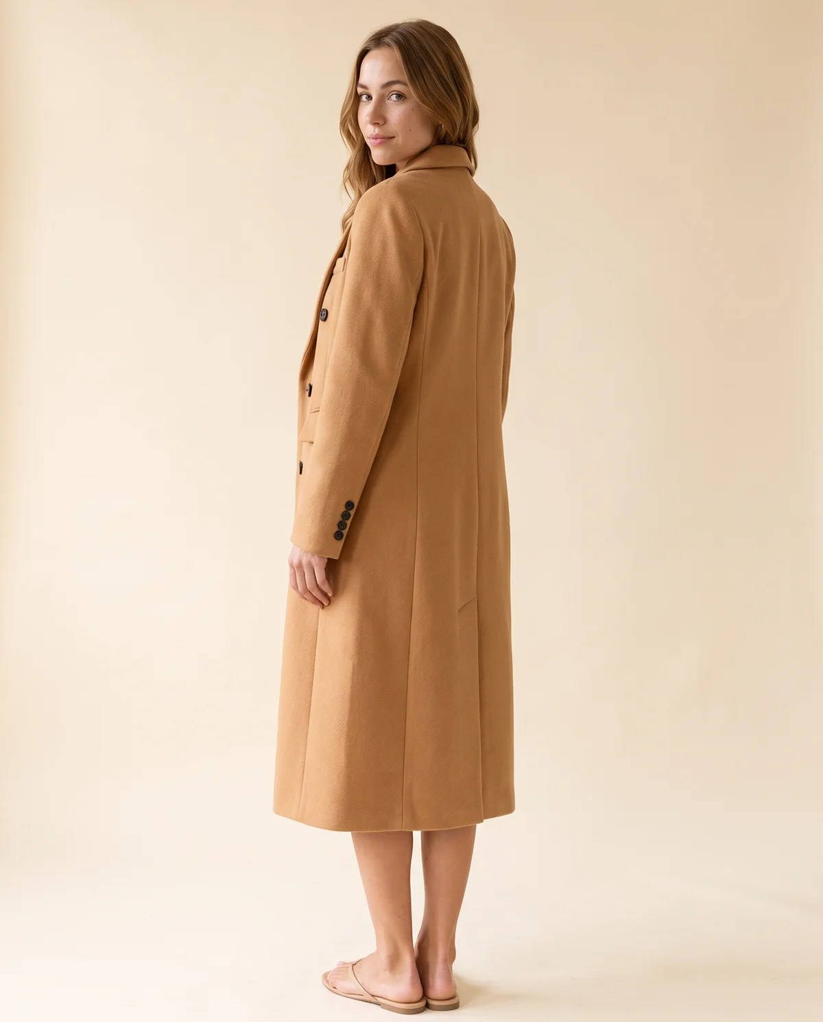 Tailored Double-Breasted Wool-Look Coat in Camel, back view, worn by Ava