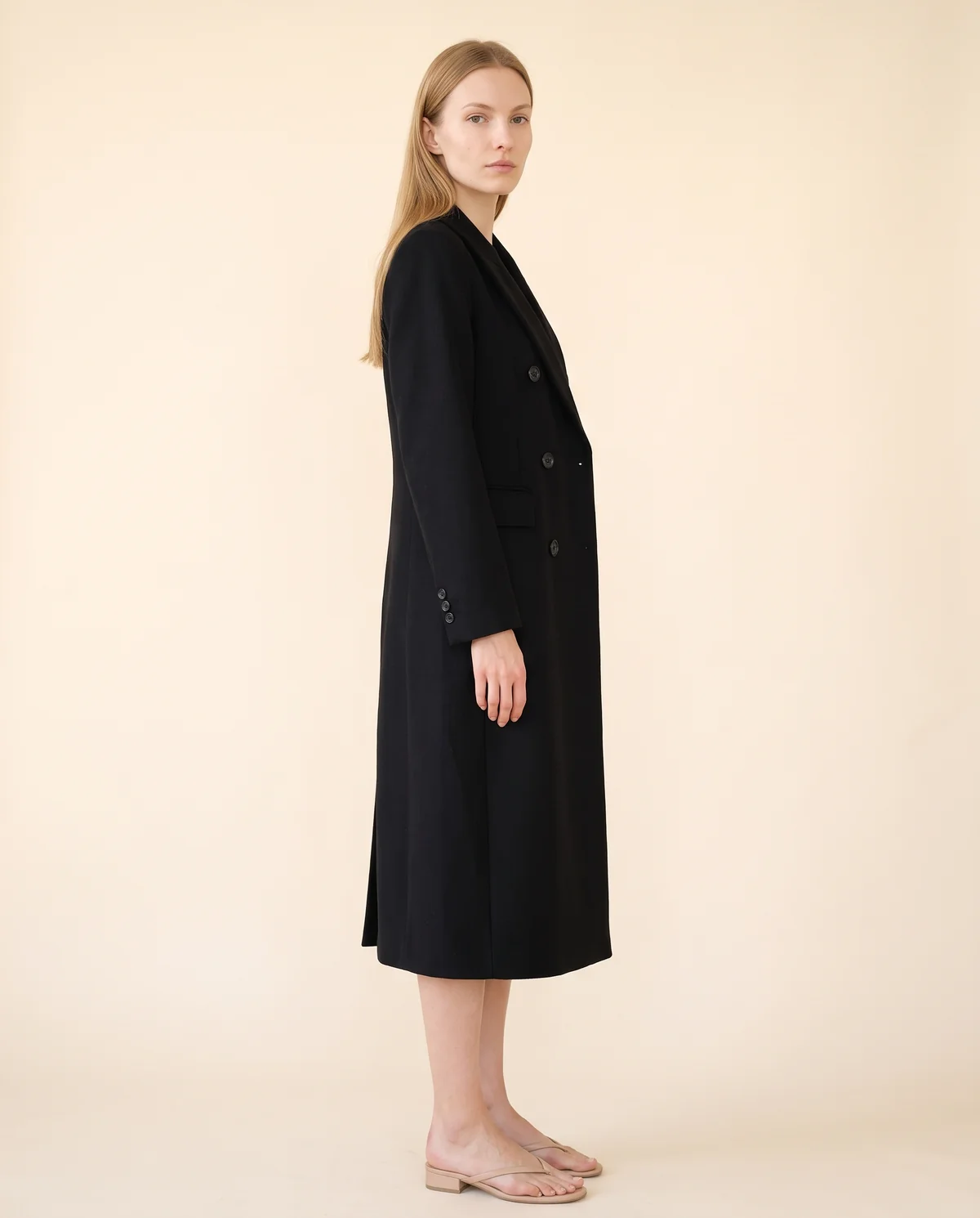 Tailored Double-Breasted Wool-Look Coat in Black, side view, worn by Maya