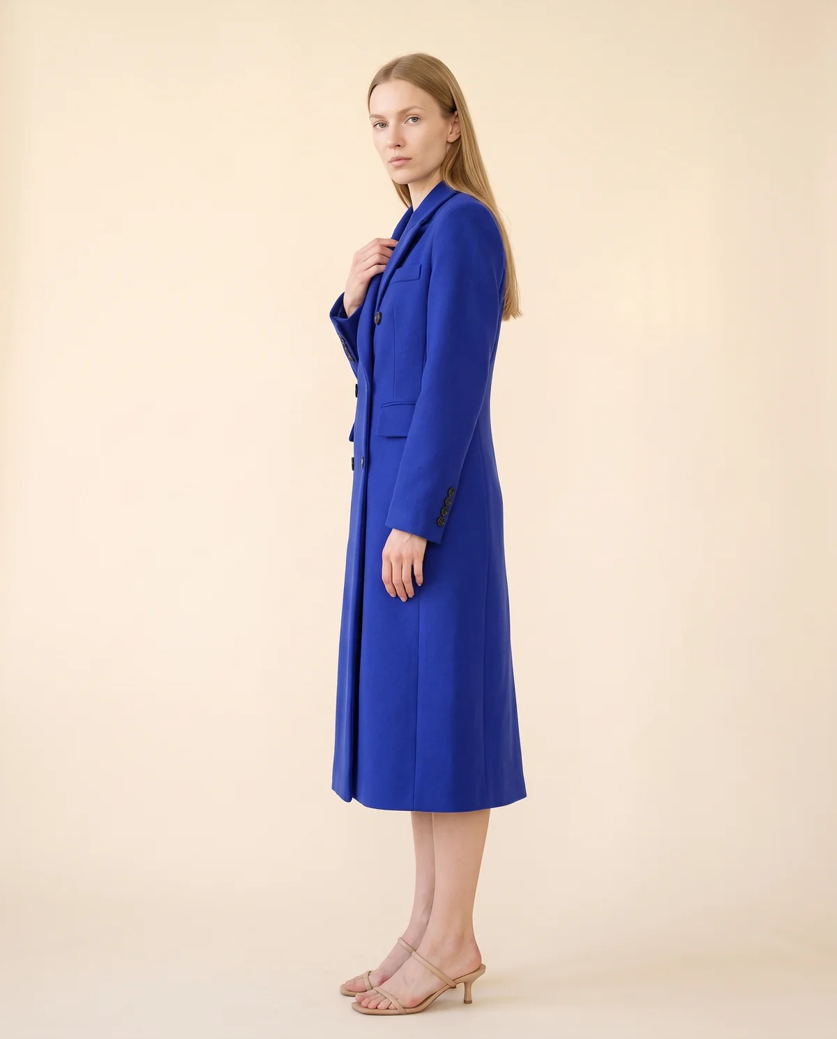 Tailored Double-Breasted Wool-Look Coat in Cobalt, side view, worn by Maya