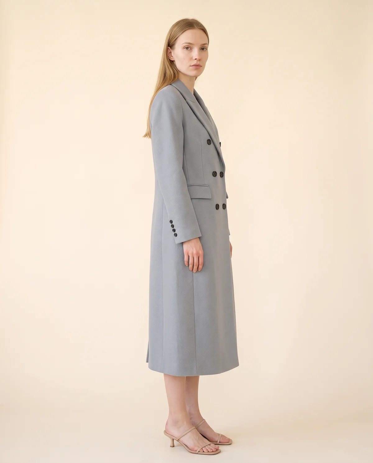 Tailored Double-Breasted Wool-Look Coat in Grey, side view, worn by Maya