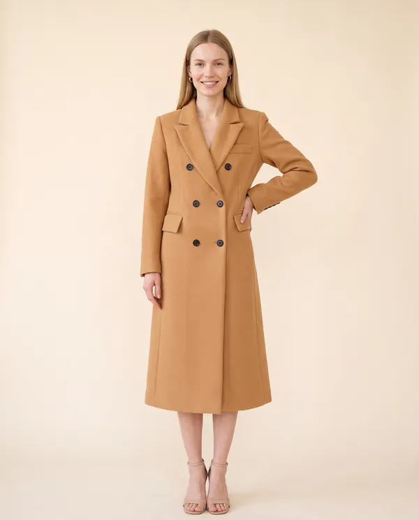 Tailored Double-Breasted Wool-Look Coat in Camel, front view, worn by Maya