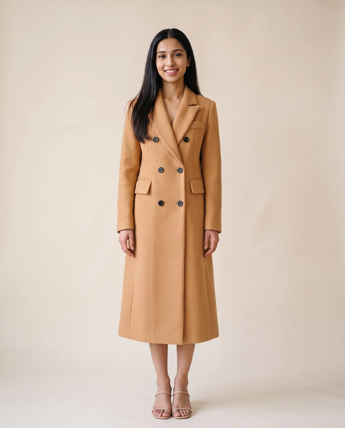 Tailored Double-Breasted Wool-Look Coat in Camel, front view, worn by Priya