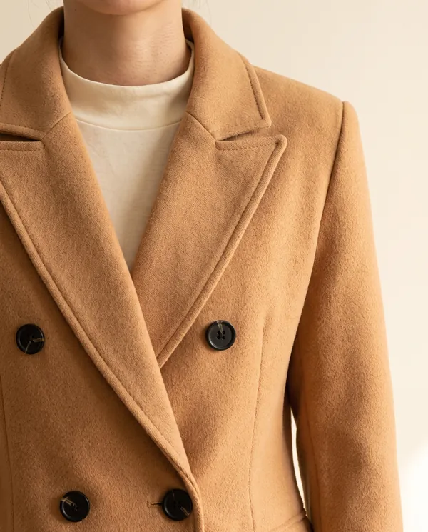 Tailored Double-Breasted Wool-Look Coat in Camel, close-up of the detail