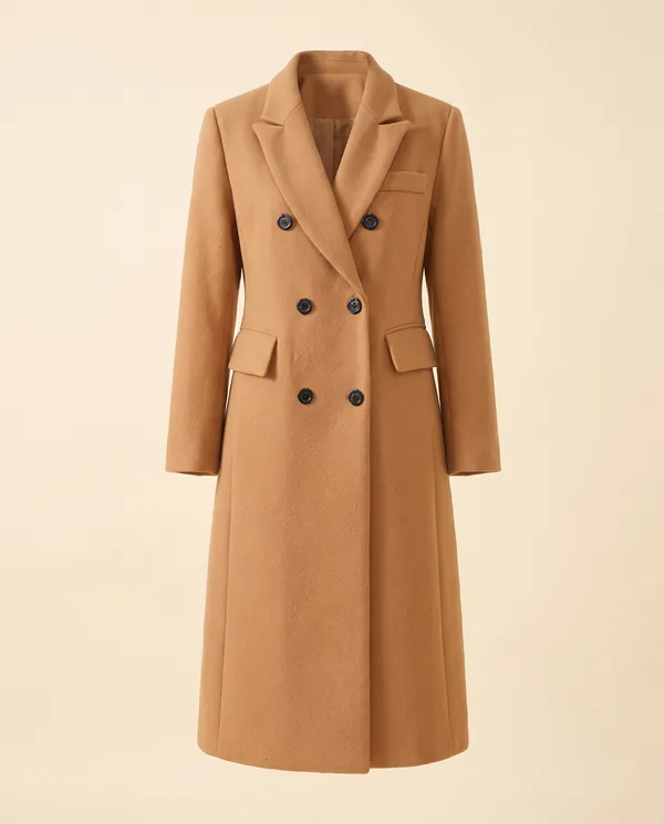 Tailored Double-Breasted Wool-Look Coat in Camel, product shot on a plain background