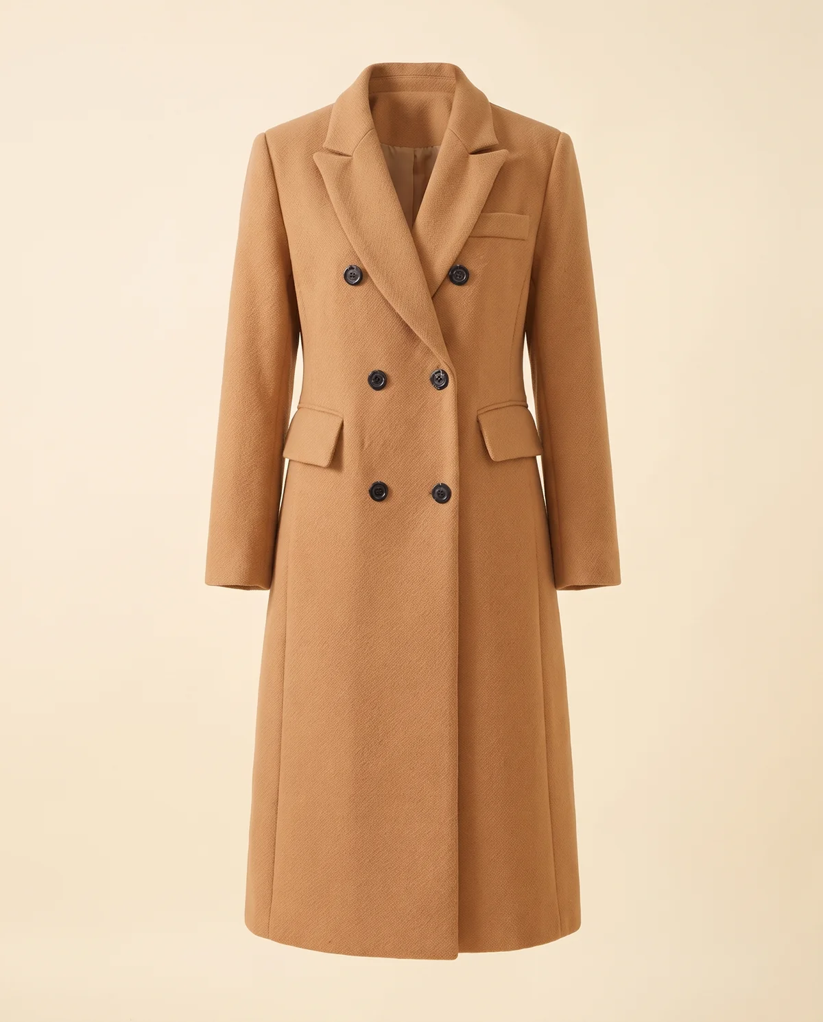 Tailored Double-Breasted Wool-Look Coat in Camel, product shot on a plain background