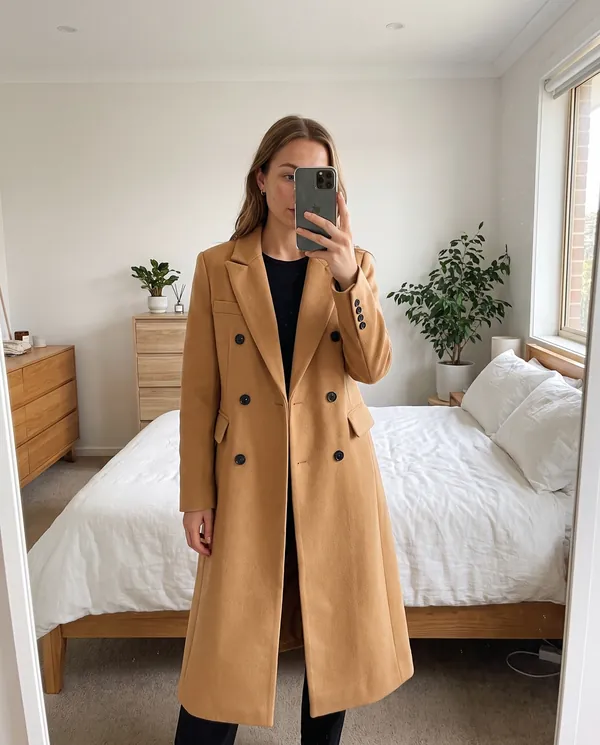 Satin Eve styling: Tailored Double-Breasted Wool-Look Coat