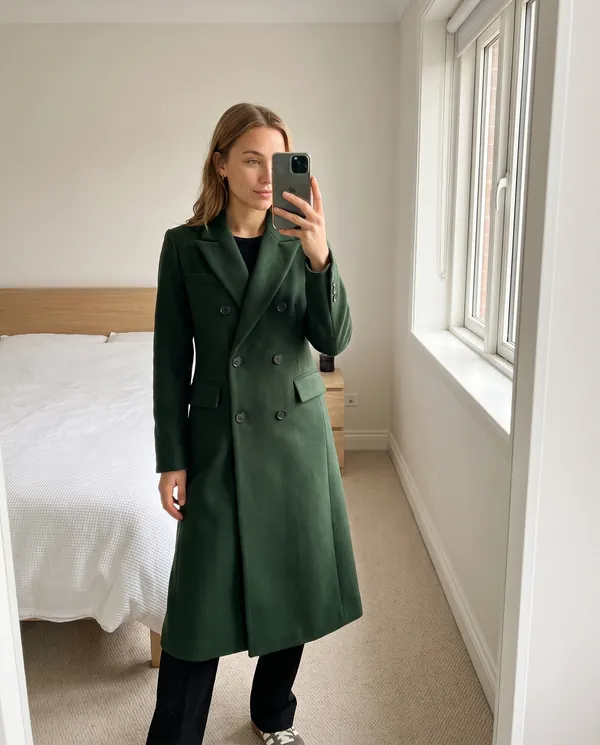 Satin Eve styling: Tailored Double-Breasted Wool-Look Coat