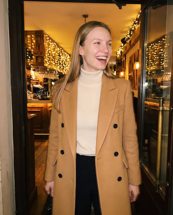 Satin Eve styling: Tailored Double-Breasted Wool-Look Coat