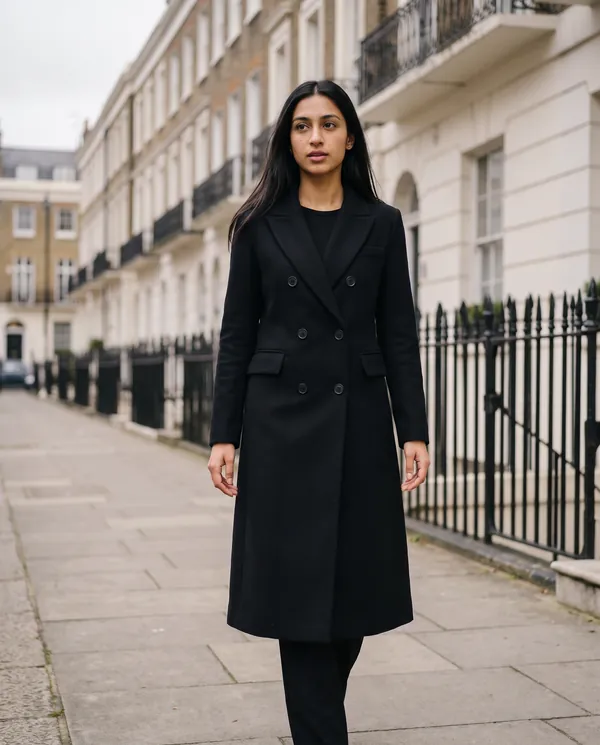 Satin Eve styling: Tailored Double-Breasted Wool-Look Coat