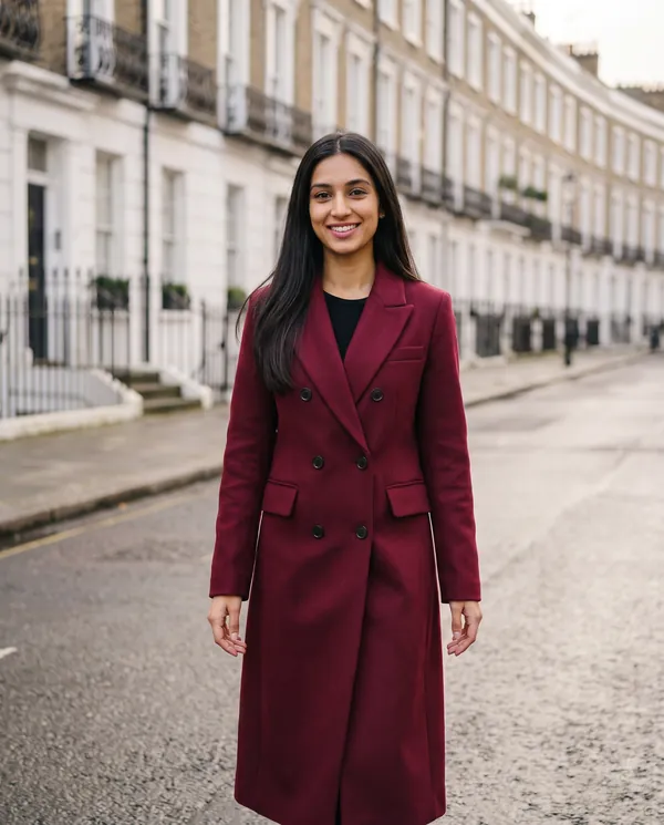 Satin Eve styling: Tailored Double-Breasted Wool-Look Coat