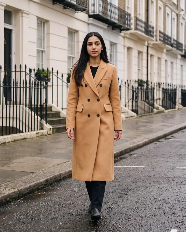 Satin Eve styling: Tailored Double-Breasted Wool-Look Coat