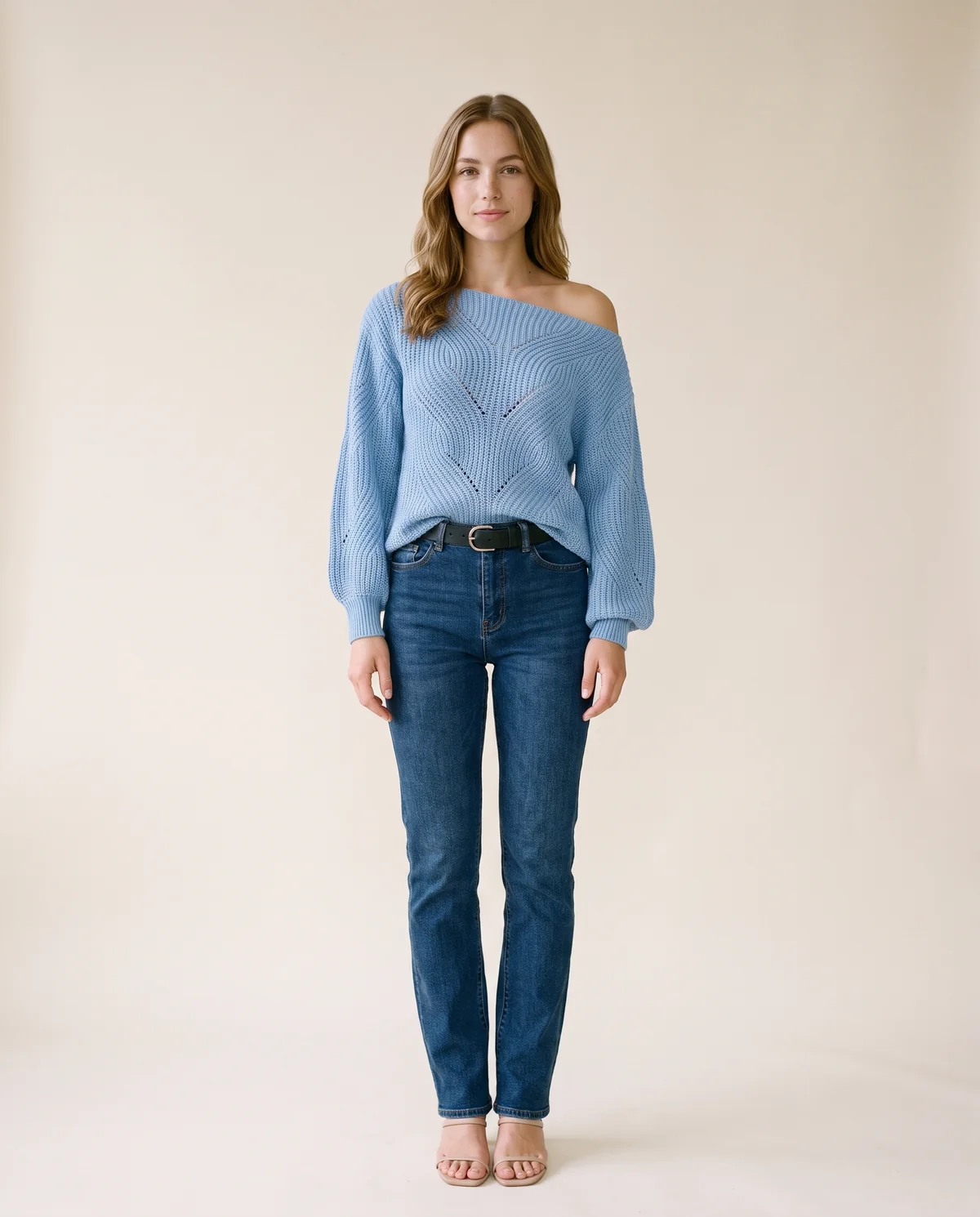 Off-Shoulder Lantern Sleeve Knit Jumper in Blue, front view, worn by Ava