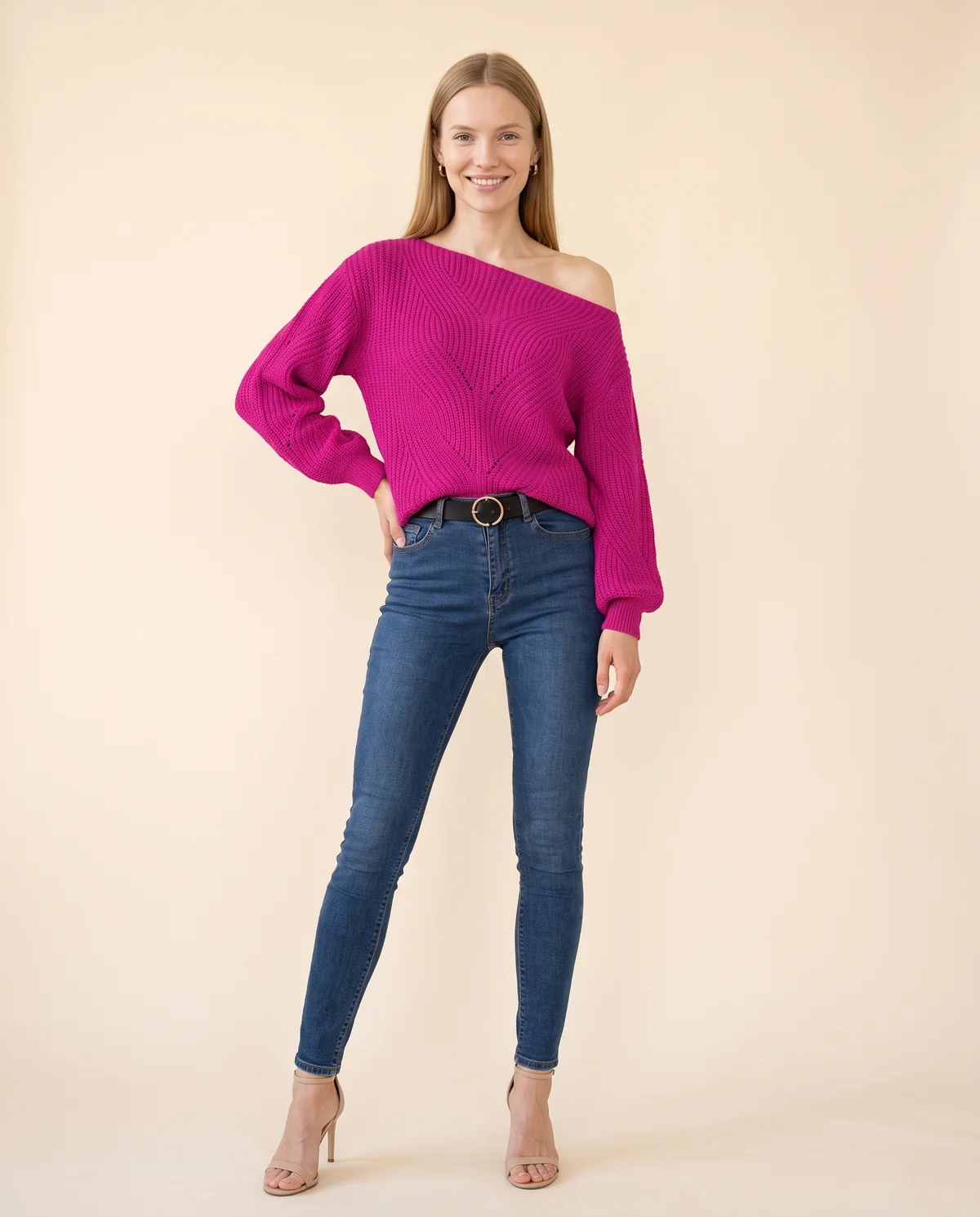 Off-Shoulder Lantern Sleeve Knit Jumper in Fuchsia, front view, worn by Maya