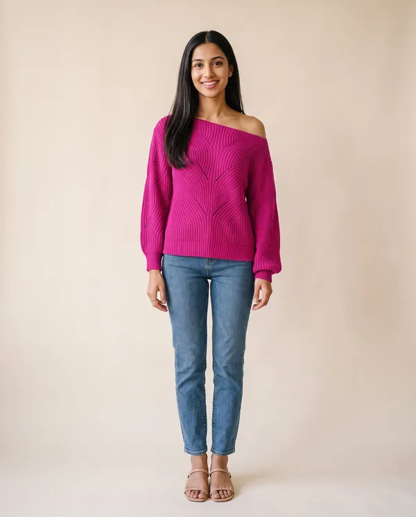 Off-Shoulder Lantern Sleeve Knit Jumper in Fuchsia, front view, worn by Priya