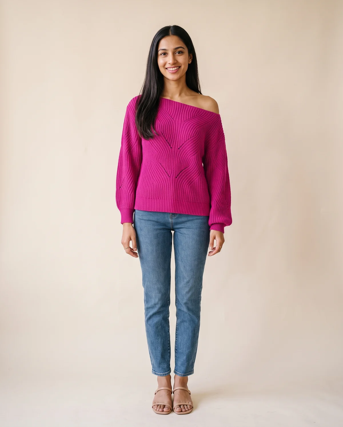 Off-Shoulder Lantern Sleeve Knit Jumper in Fuchsia, front view, worn by Priya